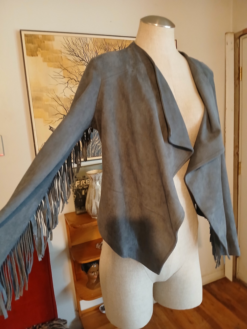 Karen Kane Gray Faux Suede Fringe Open-Front Jacket